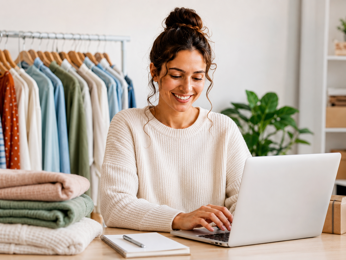 Seller creating a listing on a laptop beside neatly folded clothing.