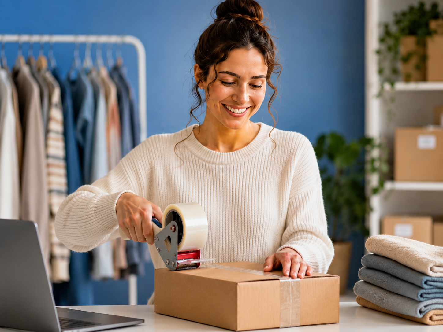 Seller happily packing an order at a bright modern workspace.