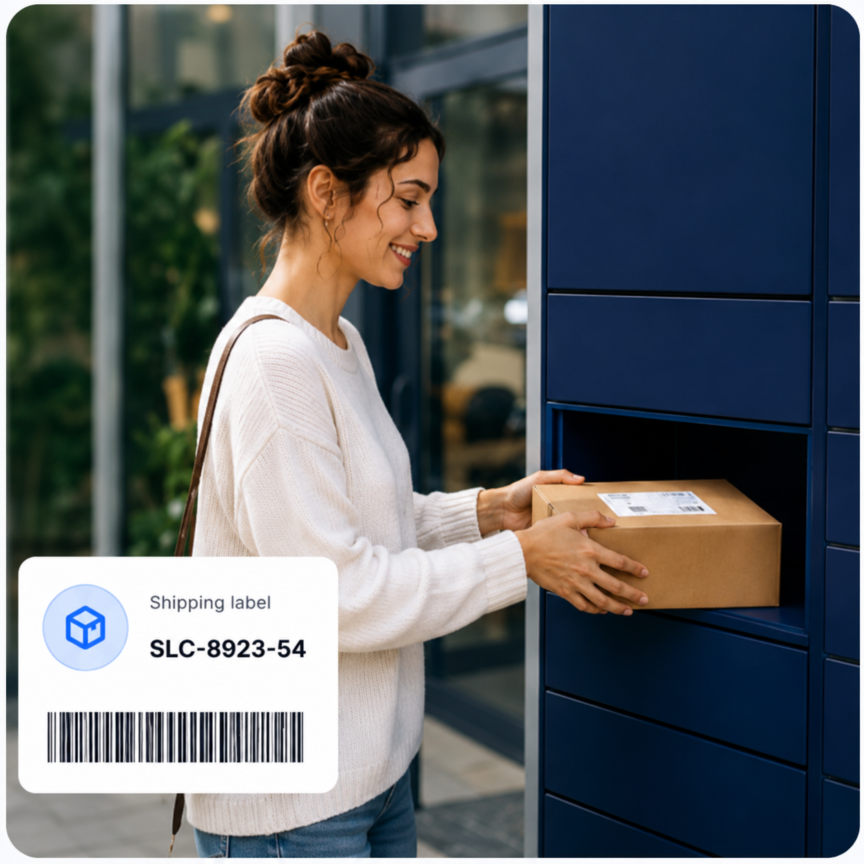 Seller dropping off a parcel at a trusted carrier locker with a shipping label overlay.