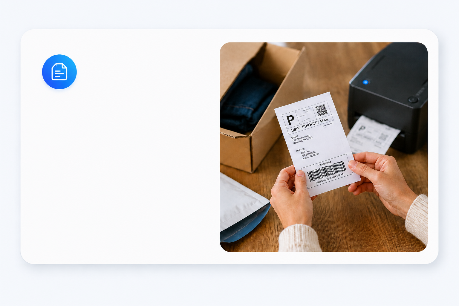 Packing workflow mockup with prepaid shipping labels.